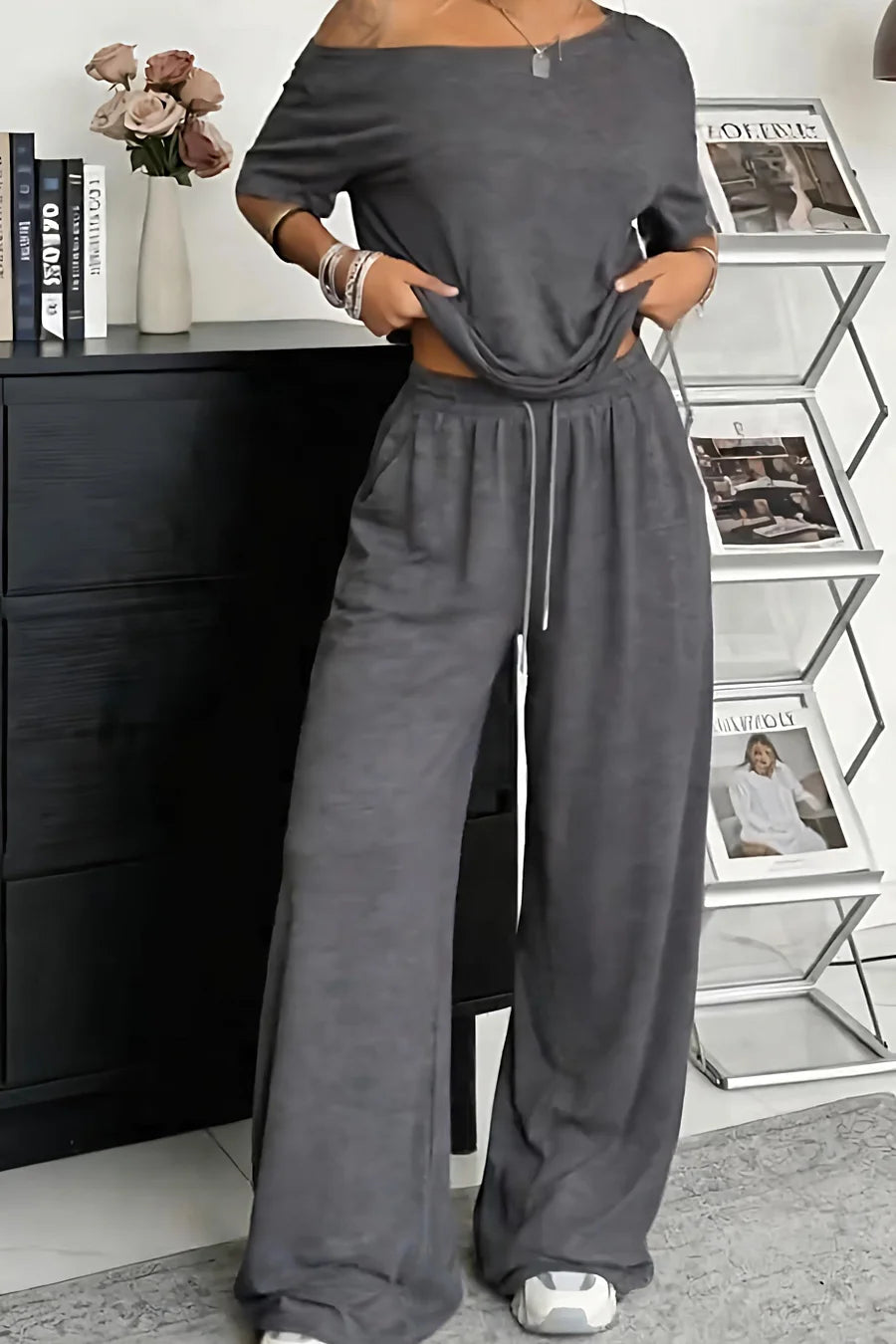 😍 Komplet damski S–5XL 2026 – top z odkrytymi ramionami + luźne spodnie ze sznurkiem, idealny na lato