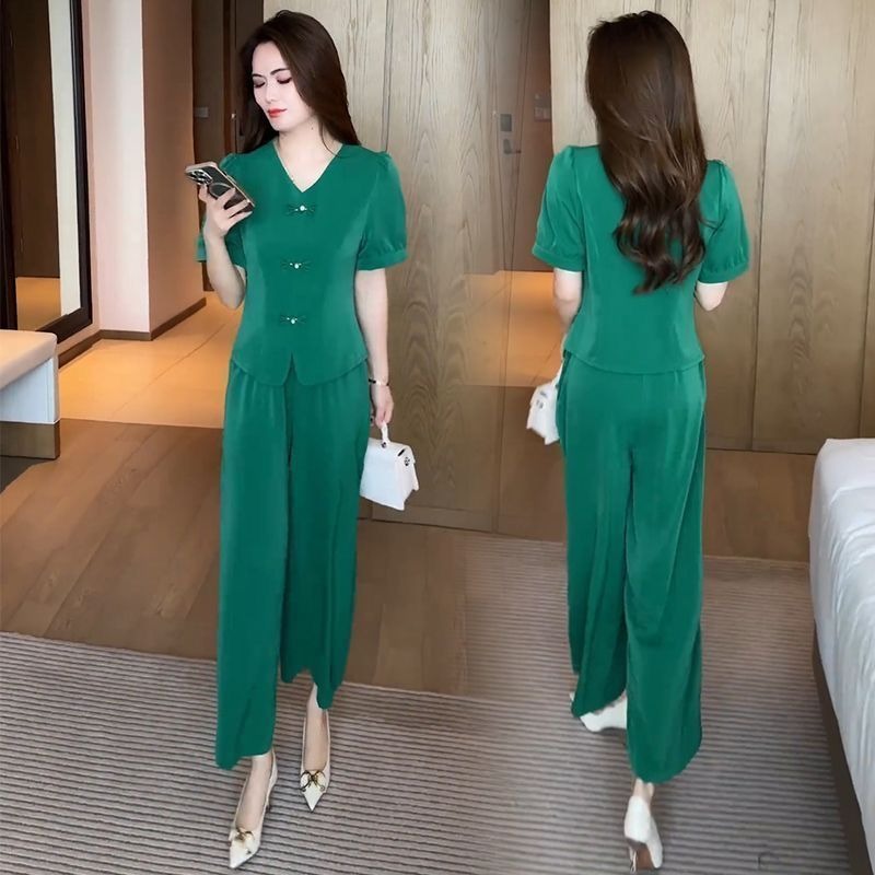 【Top + spodnie z szerokimi nogawkami】Modny garnitur z lodowego jedwabiu